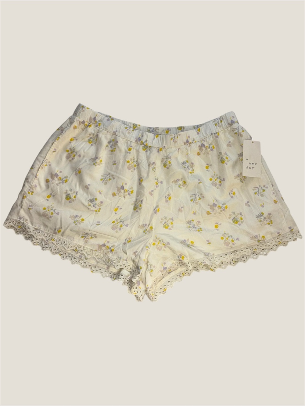A New Day Cream and Yellow Floral Eyelet Lace Hem Modal Shorts with lining